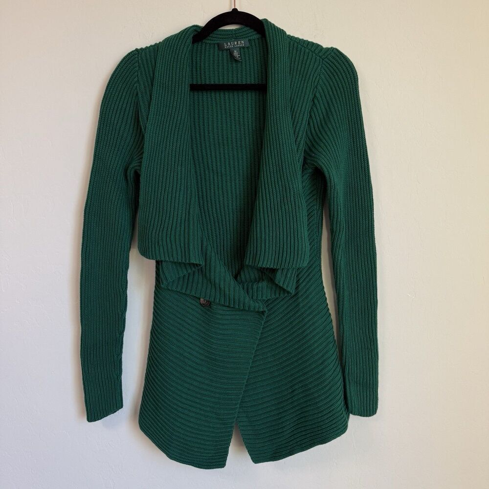 Lauren Ralph Lauren Green Cotton Knit Shawl Cardigan Medium Classy Preppy Money - Picture 2 of 11